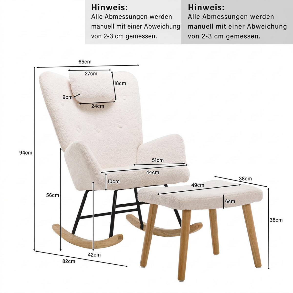 SCHAUKELSTUHL 82/65/94 cm Weiß mit Nackenkissen und Fußhocker - Weiß, Textil (82/94/65cm) - Oxeza