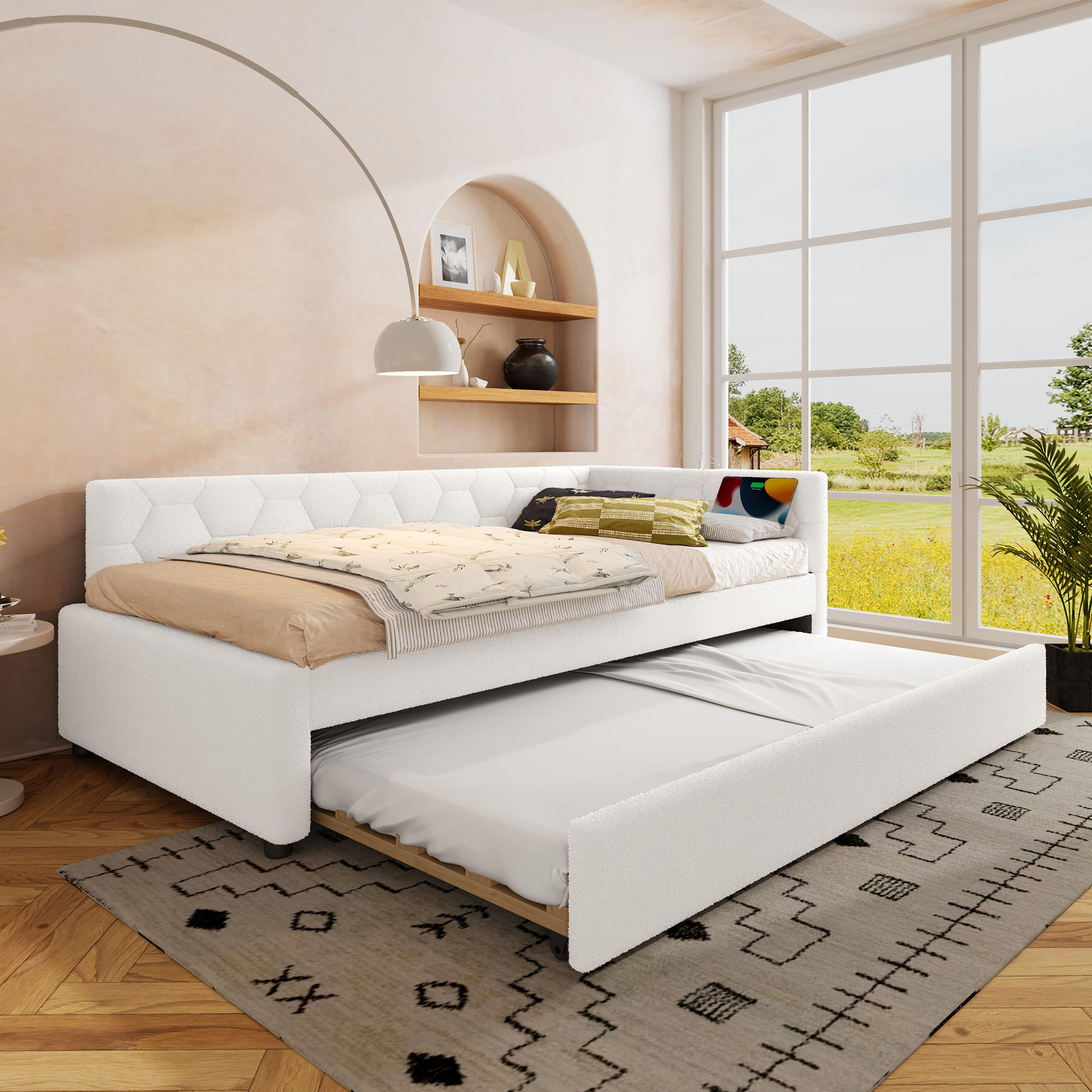 POLSTERBETT aus Velvet & MDF 90x200 cm in Weiß mit Ausziehbett, USB & Typ-C - Weiß, Textil (90/200cm) - Modfu