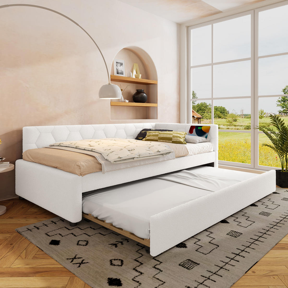 TAGEBETT 90x200cm Weiß Vliesimitat Nachttischlampe Ausziehbett USB-C - Weiß, Holz (90/200cm) - FLIEKS