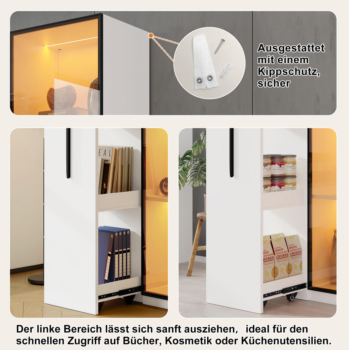 VITRINE 70/40/160 cm in Weiß mit LED-Beleuchtung und ausziehbarem Regal - Weiß, Holzwerkstoff (70/160/40cm) - Flora Grace