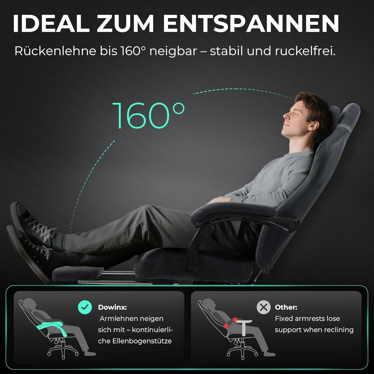 GAMING-STUHL Mikrofaser-Velours & Lendenkissen, Fußstütze 160° Neigbar - Schwarz, Leder (70/132/70cm)