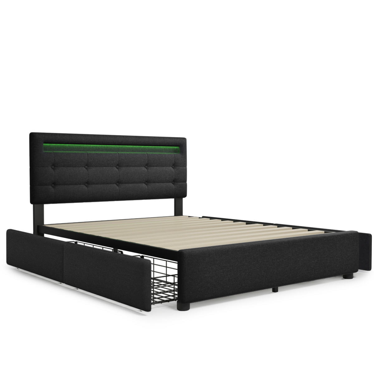 POLSTERBETT mit LED-Beleuchtung 140/200 cm mit 4 Schubladen, höhenverstellbarem Kopfteil - Schwarz, Textil (140/200cm) - BEAOK