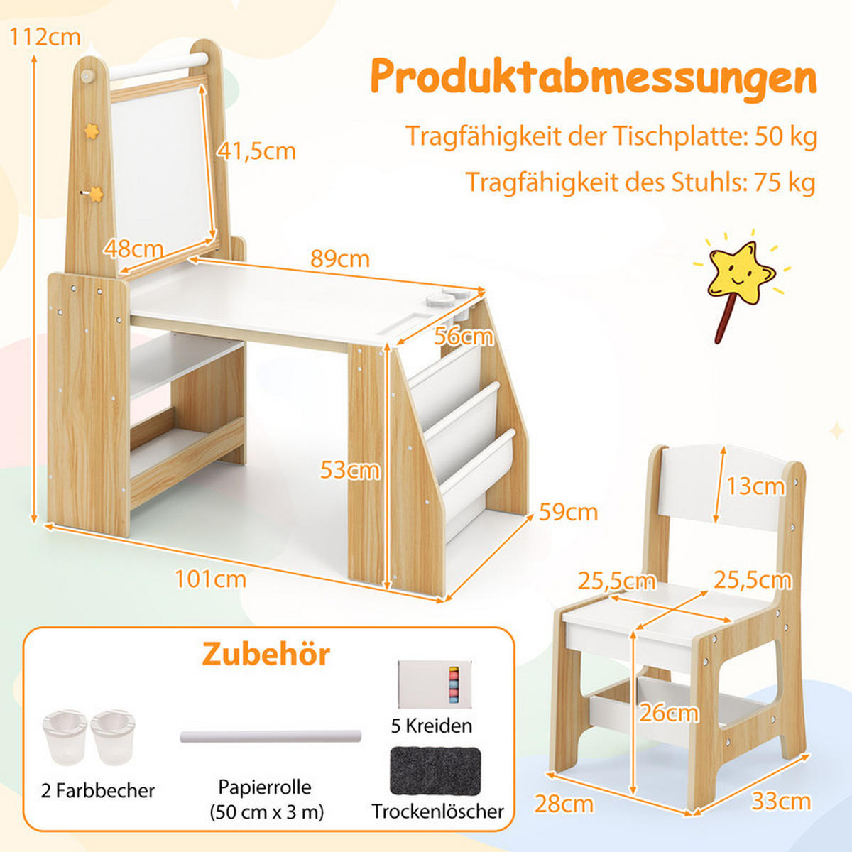 KINDERTISCHSET aus Holz natur(2-tlg) - Naturfarben, Holzwerkstoff (101/112/59cm) - COSTWAY