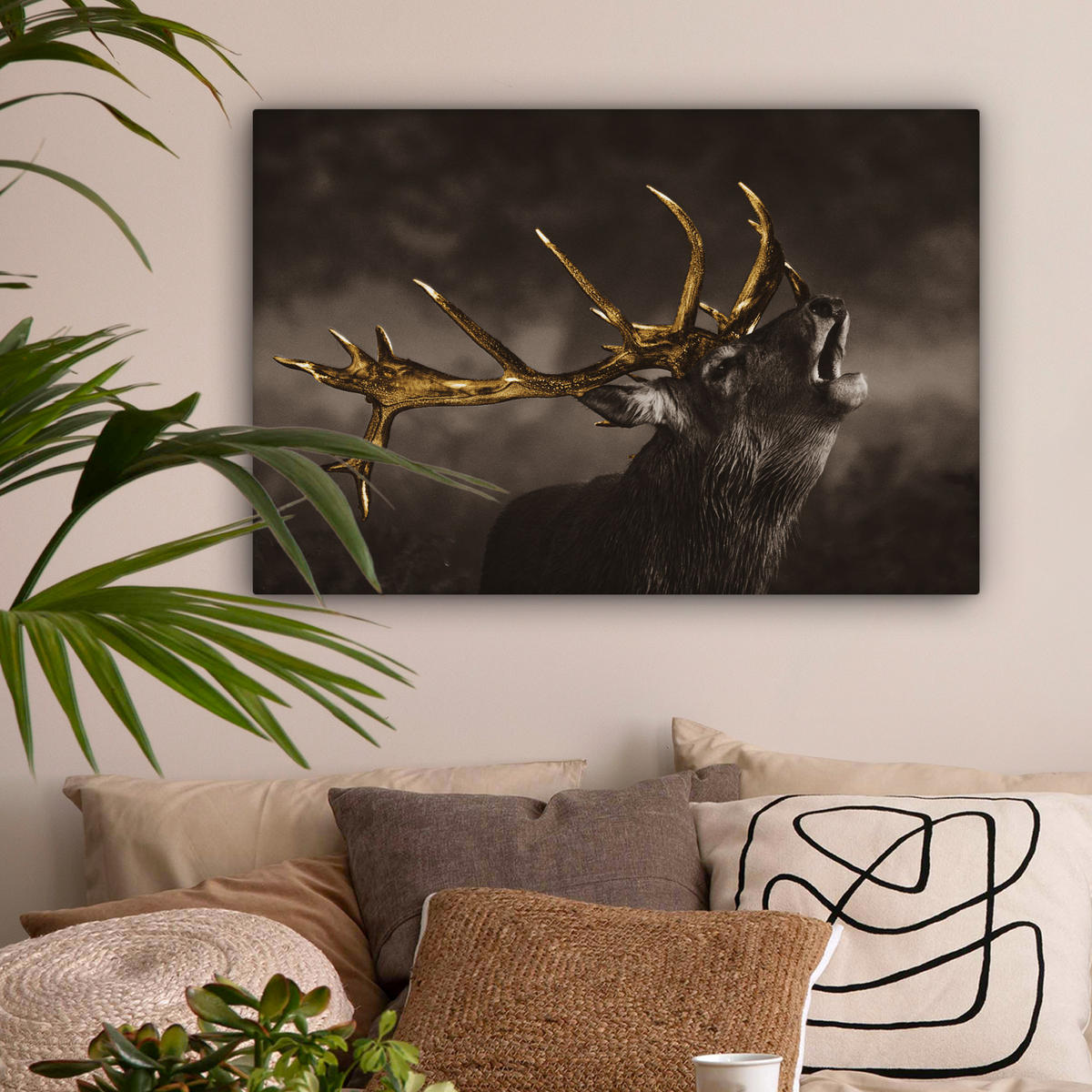 LEINWANDBILD Rotwild - Schwarz - Gold Wanddeko 90x60 cm - Braun, Textil (90/60cm) - MuchoWow