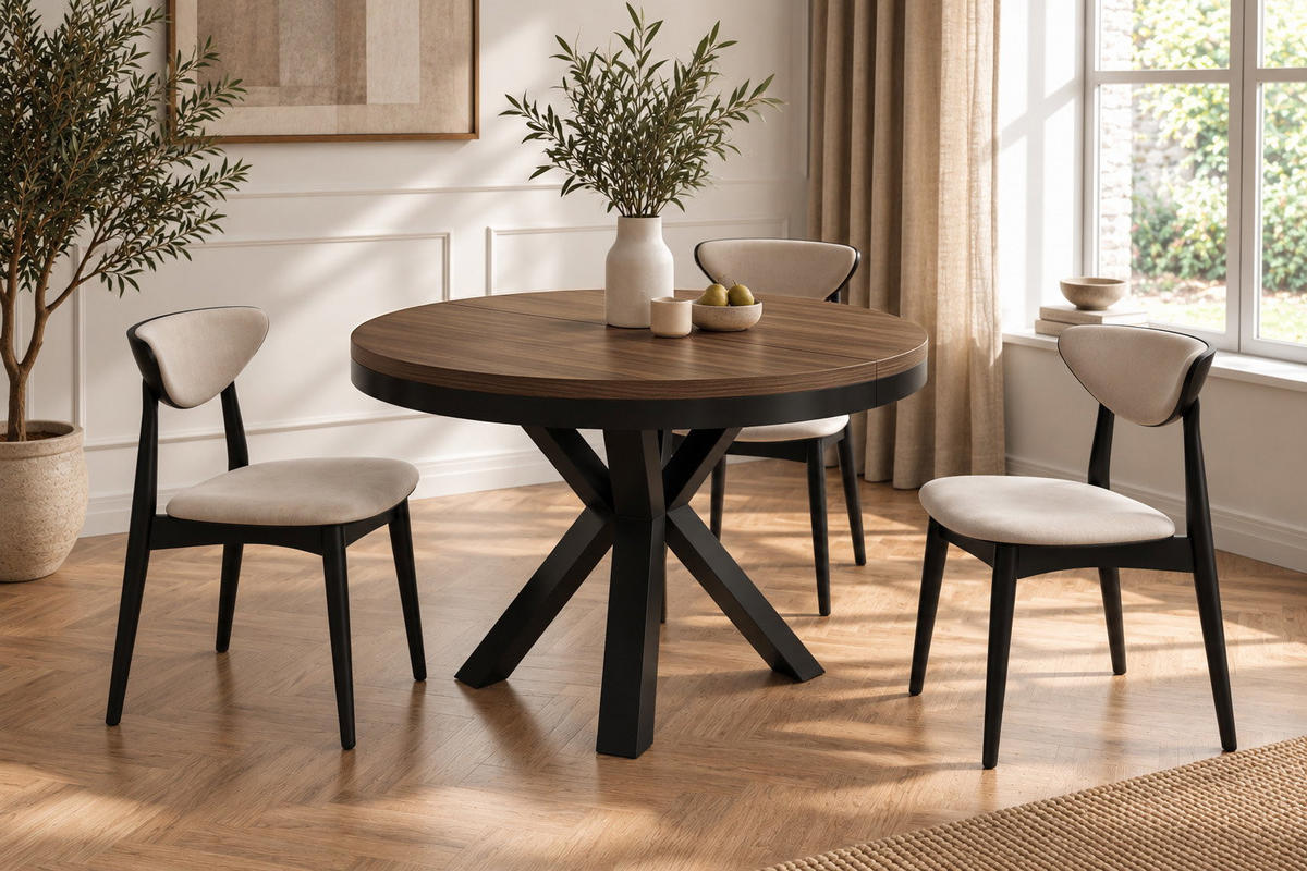 ESSTISCH Clara runder ausziehbarer, Nussbaum Braun 100-180/100/76 cm - Walnussfarben/Schwarz, Holzwerkstoff/Metall (100/180/76cm) - WFL GROUP
