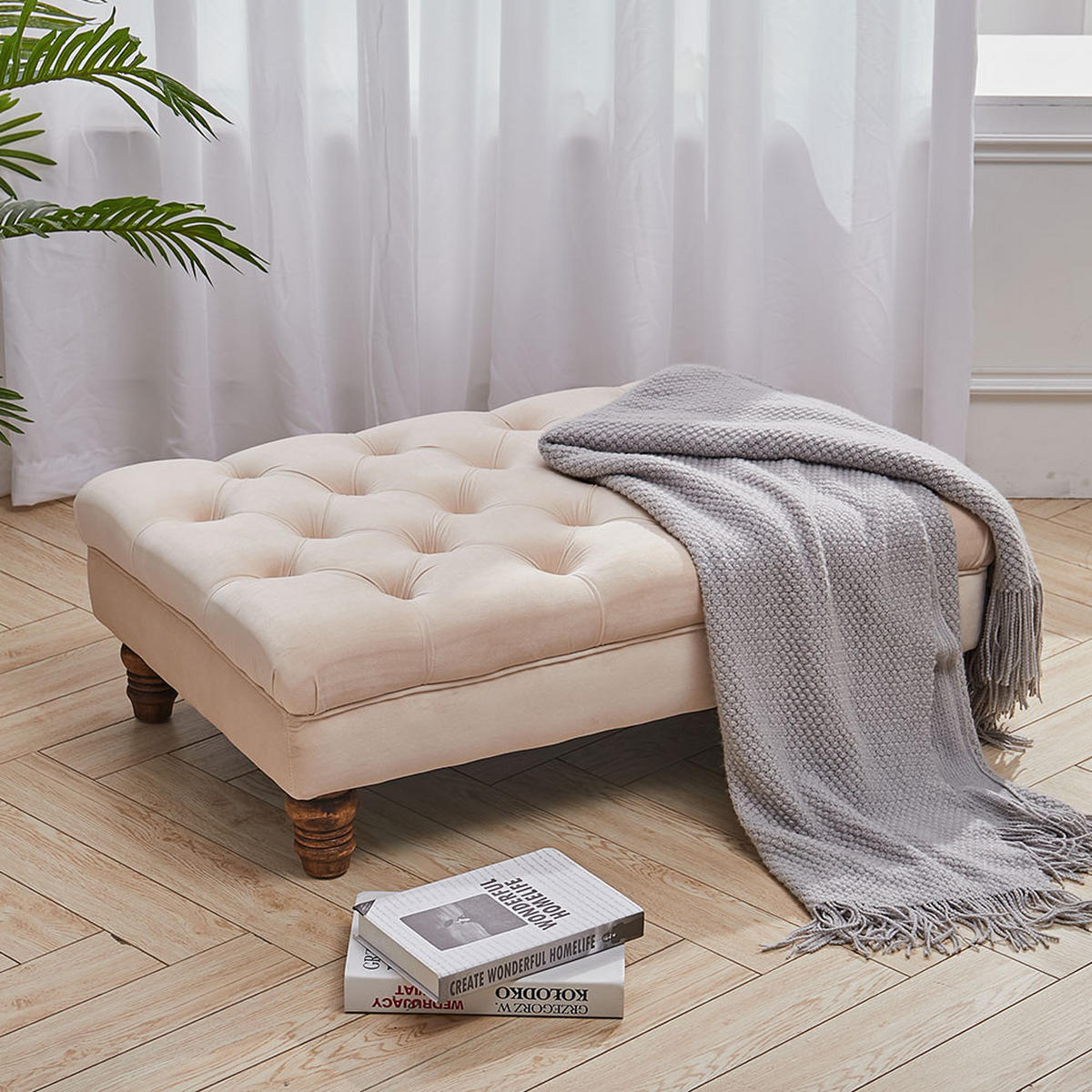 POLSTERHOCKER 90/60/30 cm Knopfheftung Holzbeine Flanell Beige - Beige/Walnussfarben, Holz/Textil (90/30/60cm) - Livingandhome