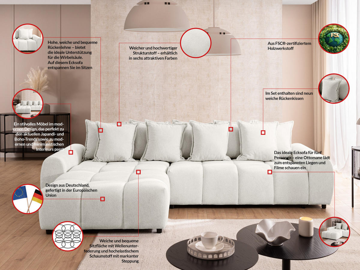 ECKSOFA Bubble mit losen Rückenkissen und Sitzfläche in Bubble-Optik aus weichem Creme Strukturstoff mit schöner Sitzkomfort - Ottomane links - Creme/Schwarz, Holz/Kunststoff (180/306cm) - S-Style Möbel