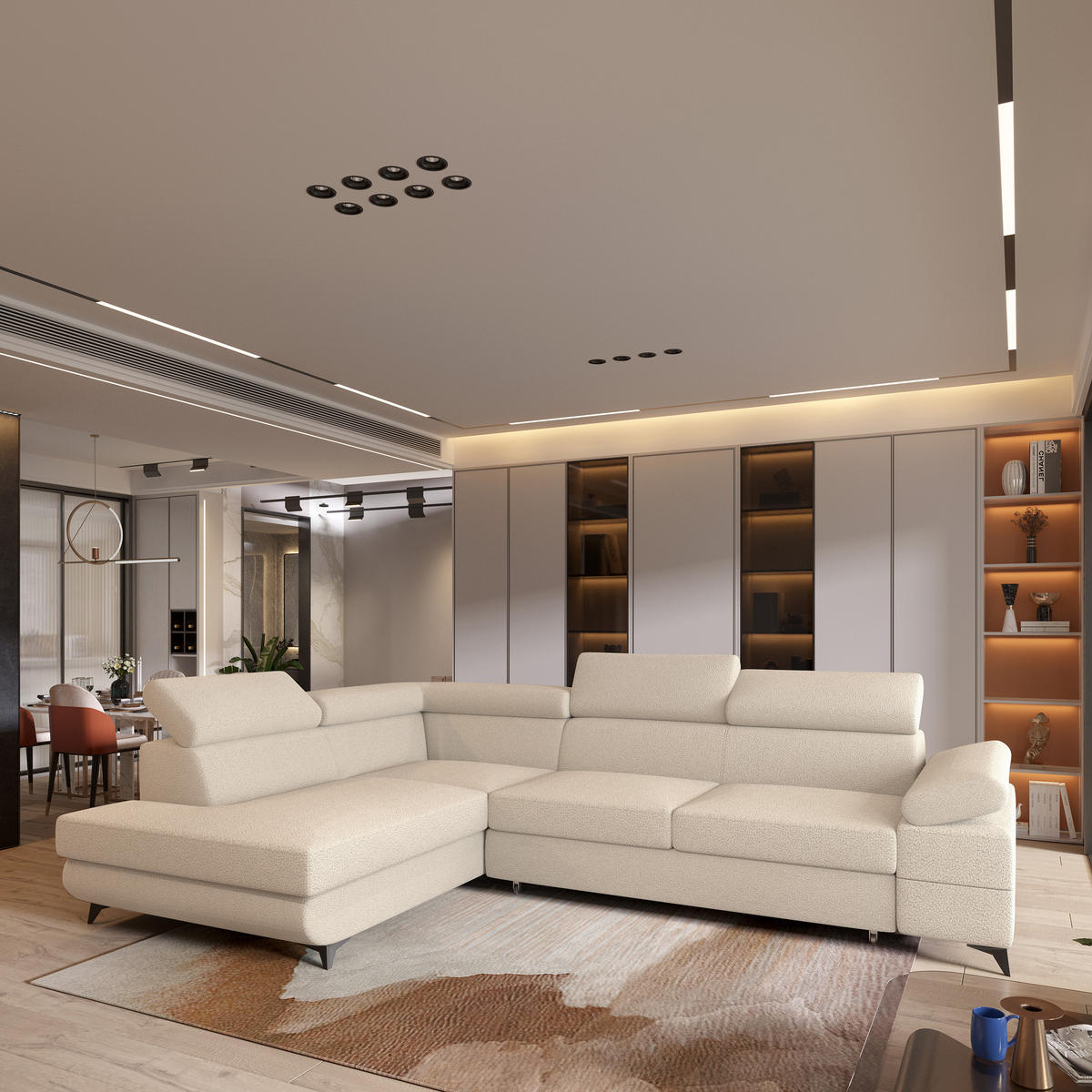 ECKSOFA FAVIEN L-S Creme Boucle-Stoff mit Schlaffunktion - Creme, Holz (257/190cm) - MASSENO