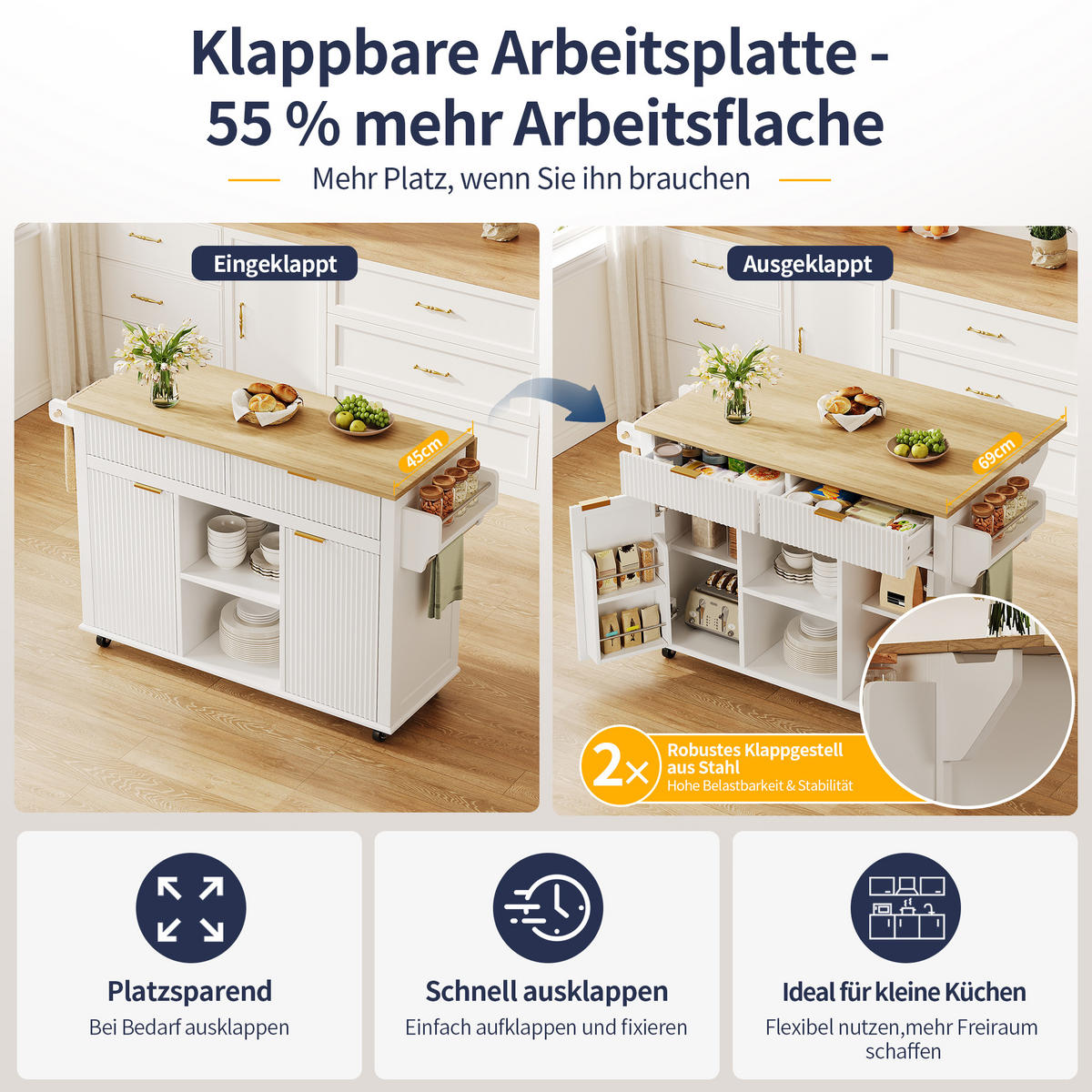 KÜCHENINSEL auf Rollen 143/45/89.5 cm Weiß mit klappbarer Arbeitsplatte, 2 Schubladen und Stauraum - Weiß, Holz/Holzwerkstoff (45/89.5/143cm) - Oxeza