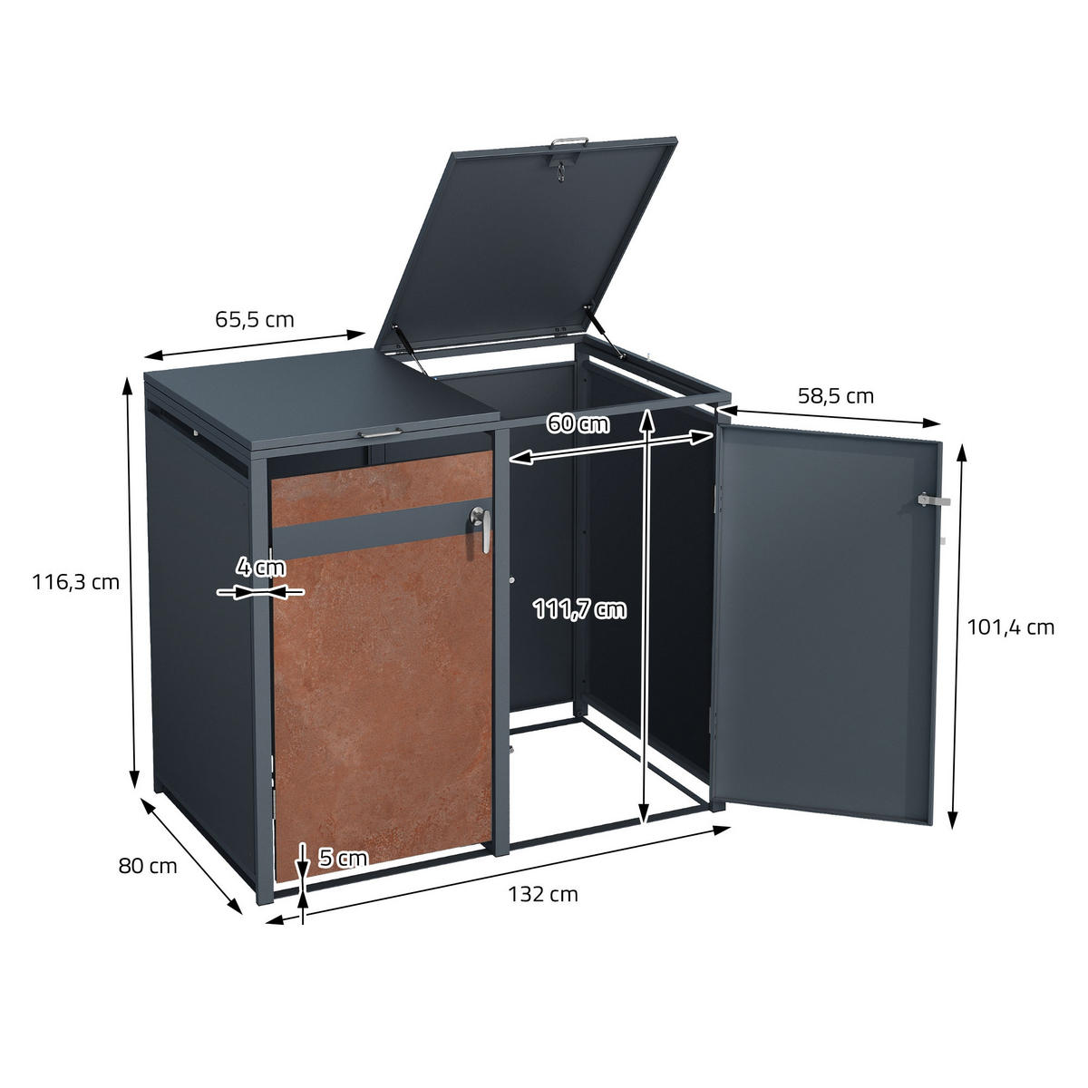 MÜLLTONNENBOX 2er Anthrazit-Rostoptik - Rotbraun, Metall (80/116.3/132cm) - ML-DESIGN