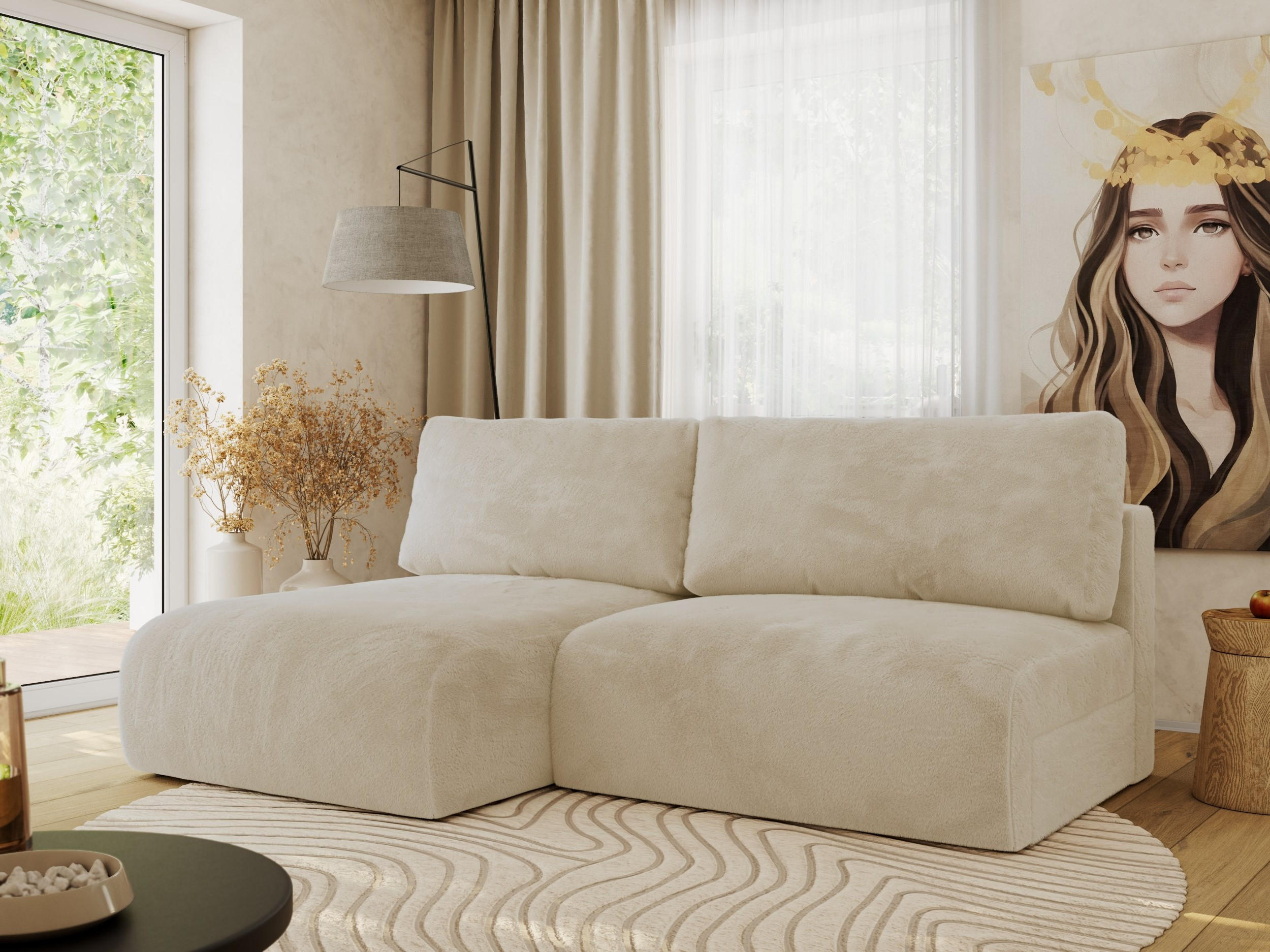 ECKSCHLAFSOFA VIVO L Creme Plüsch - links - Creme/Schwarz, Kunststoff/Textil (223/150cm) - MKS