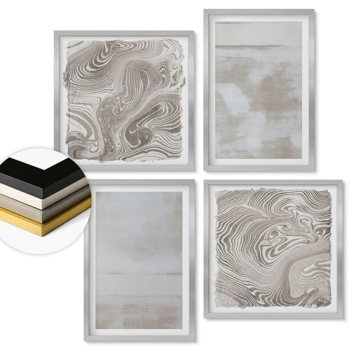 WANDBILDER 4er Set - 50x50 cm & 40x60 cm Silberner Rahmen - Abgenutzte Texturen, moderner Stil - Silberfarben, Kunststoff (50/50cm) - ArtPrintCave