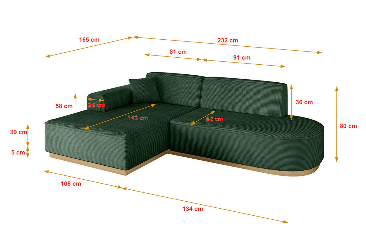 ECKSOFA Ottomane Links IREA-L1-v2 - 232x165x80 cm Grün - Currygelb, Holzwerkstoff/Textil (232/165cm) - ALTDECOR