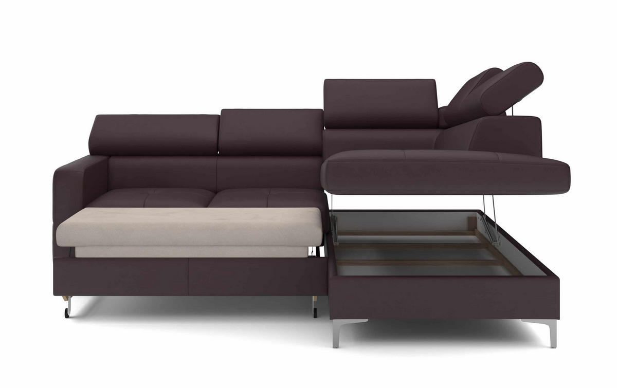 ECKSCHLAFSOFA aus Echtleder mit Schlaffunktion und Bettkasten - Chromfarben/Dunkelbraun, Leder/Holz (207/242cm) - Cotta