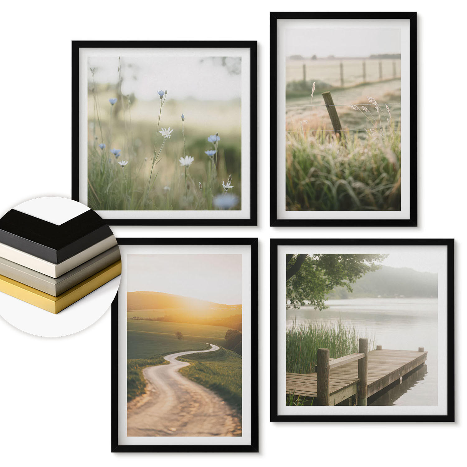 WANDBILDER 4er-Set - 50x50 cm & 40x60 cm Schwarzer Rahmen - Landschaftswiesenstraße West - Schwarz, Kunststoff (50/50cm) - ArtPrintCave