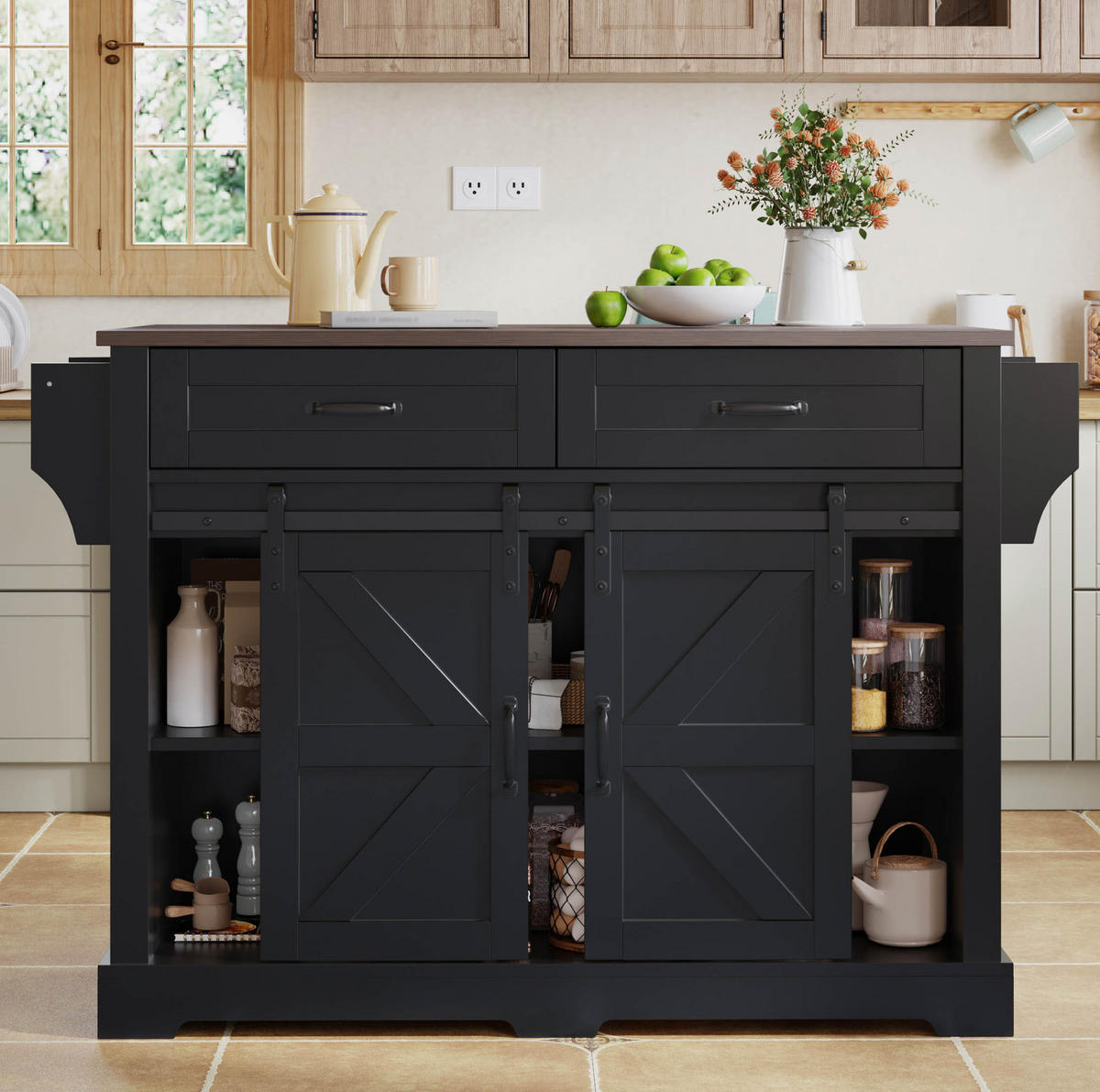 KÜCHENINSEL 120/45(70)/91 cm mit klappbarer Arbeitsplatte, Schiebetüren und Rollen aus MDF, Schwarz - Schwarz, Holzwerkstoff (120/91/70cm) - Redom
