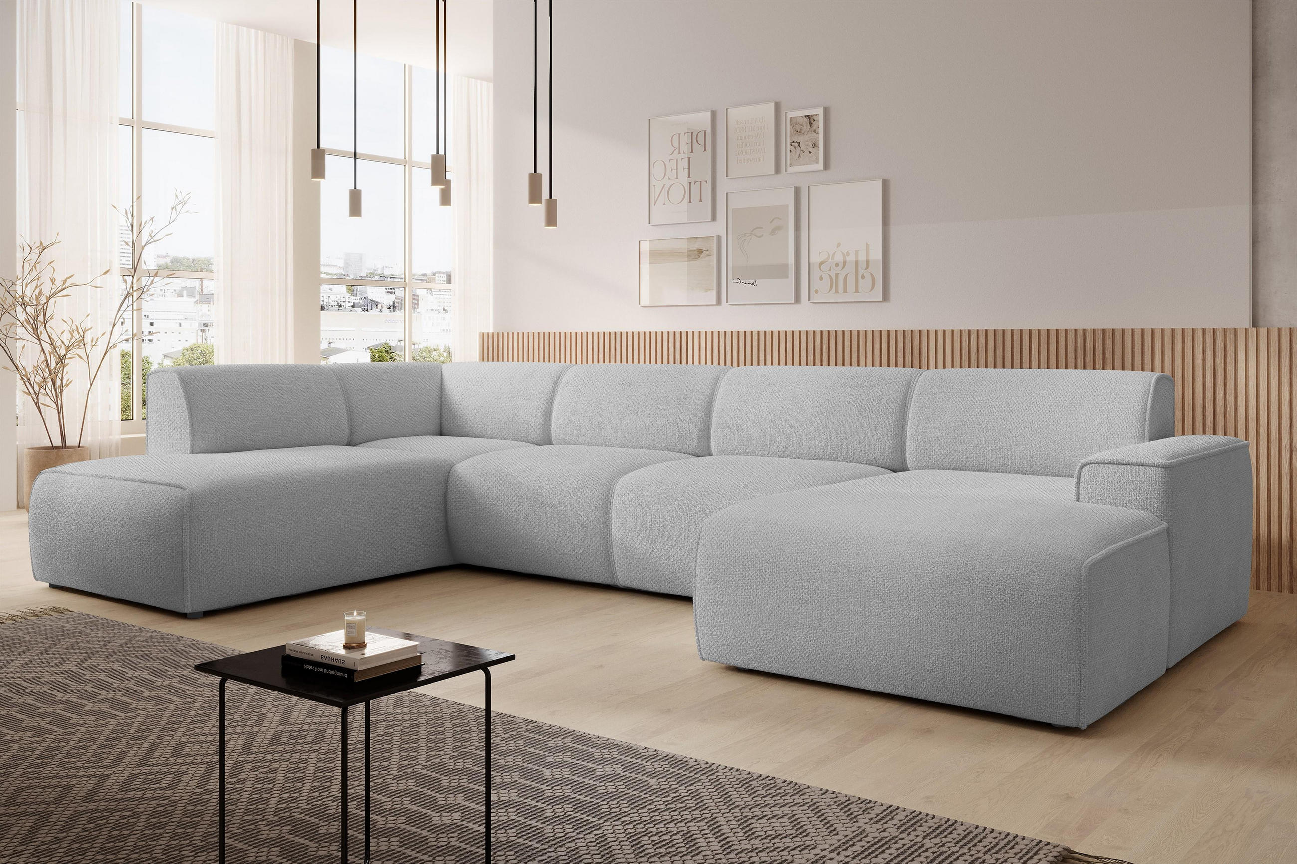 WOHNLANDSCHAFT Didim Hellgrau 378/220/78 cm – großes Sofa stilvoll & bequem L - Hellgrau/Schwarz, Kunststoff/Textil (220/78/378cm) - AX Living