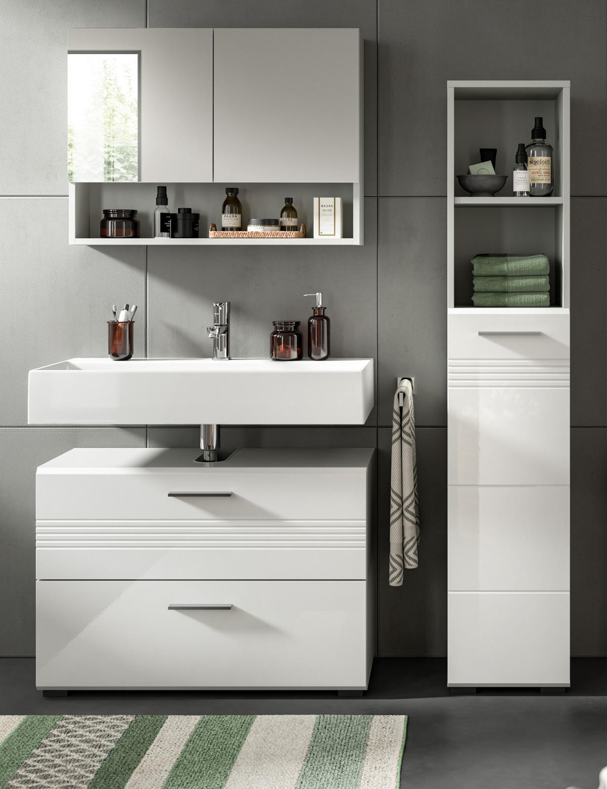 BADMÖBEL-SET 3-teilig weiß Hochglanz, grau 125 cm, Komplettset mit Soft-Close - Weiß Hochglanz/Grau, Glas/Holzwerkstoff (125/190/32cm) - Inn.Furn