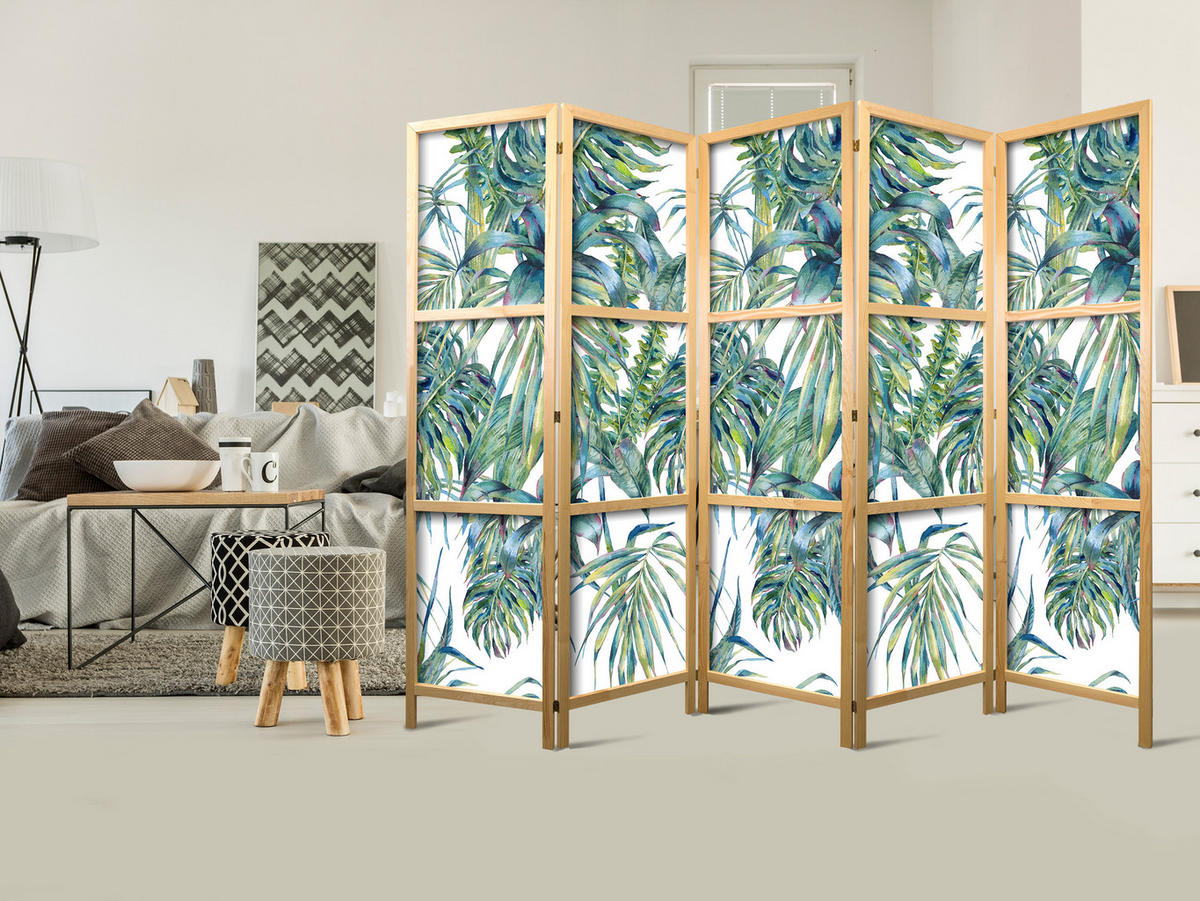 PARAVENT Japanischer 5-tlg 225x172 cm Tropische Pflanzen - Grün, Holz/Textil (225/172/3cm) - Muralo