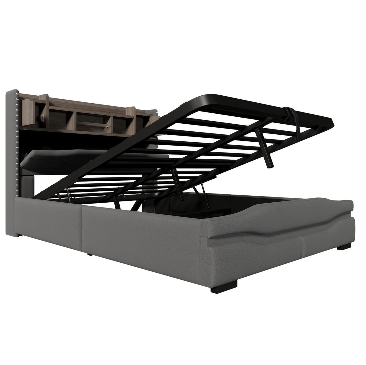ČALÚNENÁ posteľ 140/200 cm s hydraulickým úložným priestorom, LED osvetlením, USB/Typ-C nabíjaním a čelom s odkladacím priestorom, Sivá - sivá, textil (140/200cm) - Redom