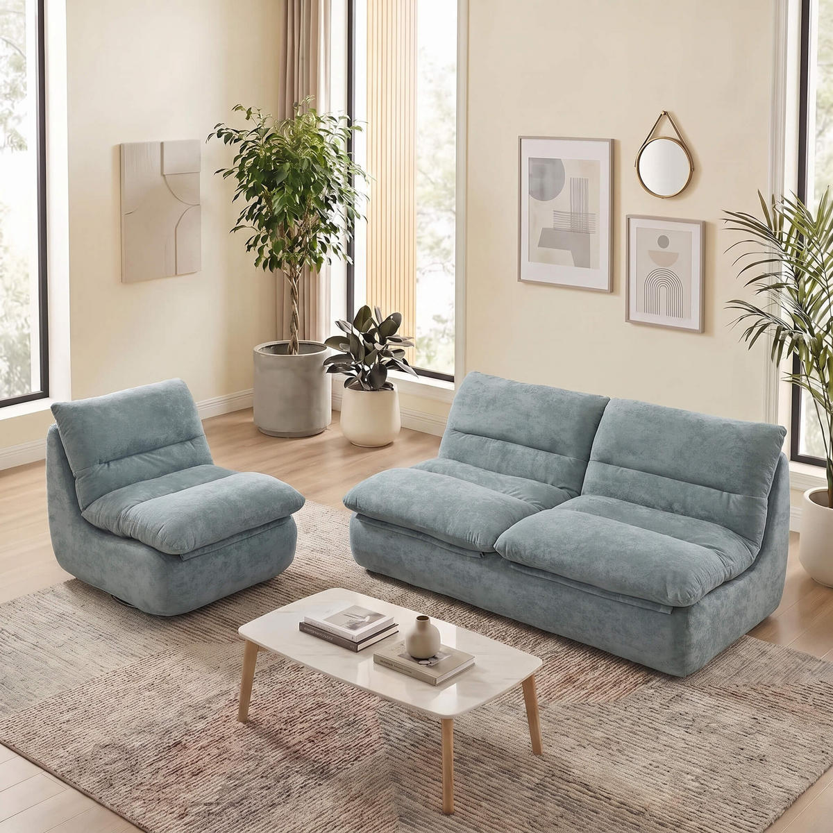 SITZGARNITUR Nuvia Sofa und Sessel Salbei und Salbei - Salbeigrün, Textil (160/73/100cm) - COCO Living