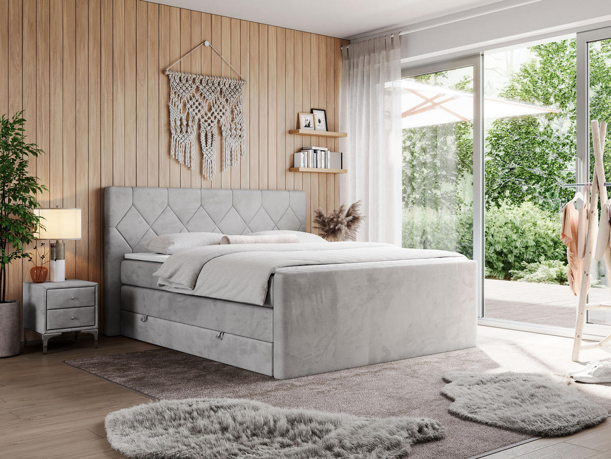BOXSPRINGBETT KING EIGAR 140/200 Hellgrau Velvet - H3 - Hellgrau, Holz/Textil (140/200cm) - MKS