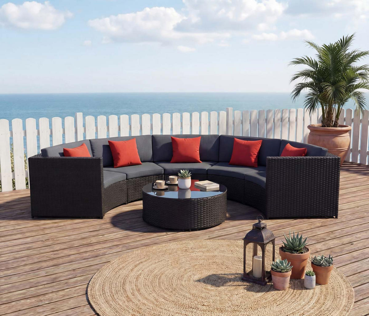 POLY-RATTAN GARNITUR RUND Schwarz, Anthrazit, Orange - Anthrazit/Schwarz, Kunststoff - MCW