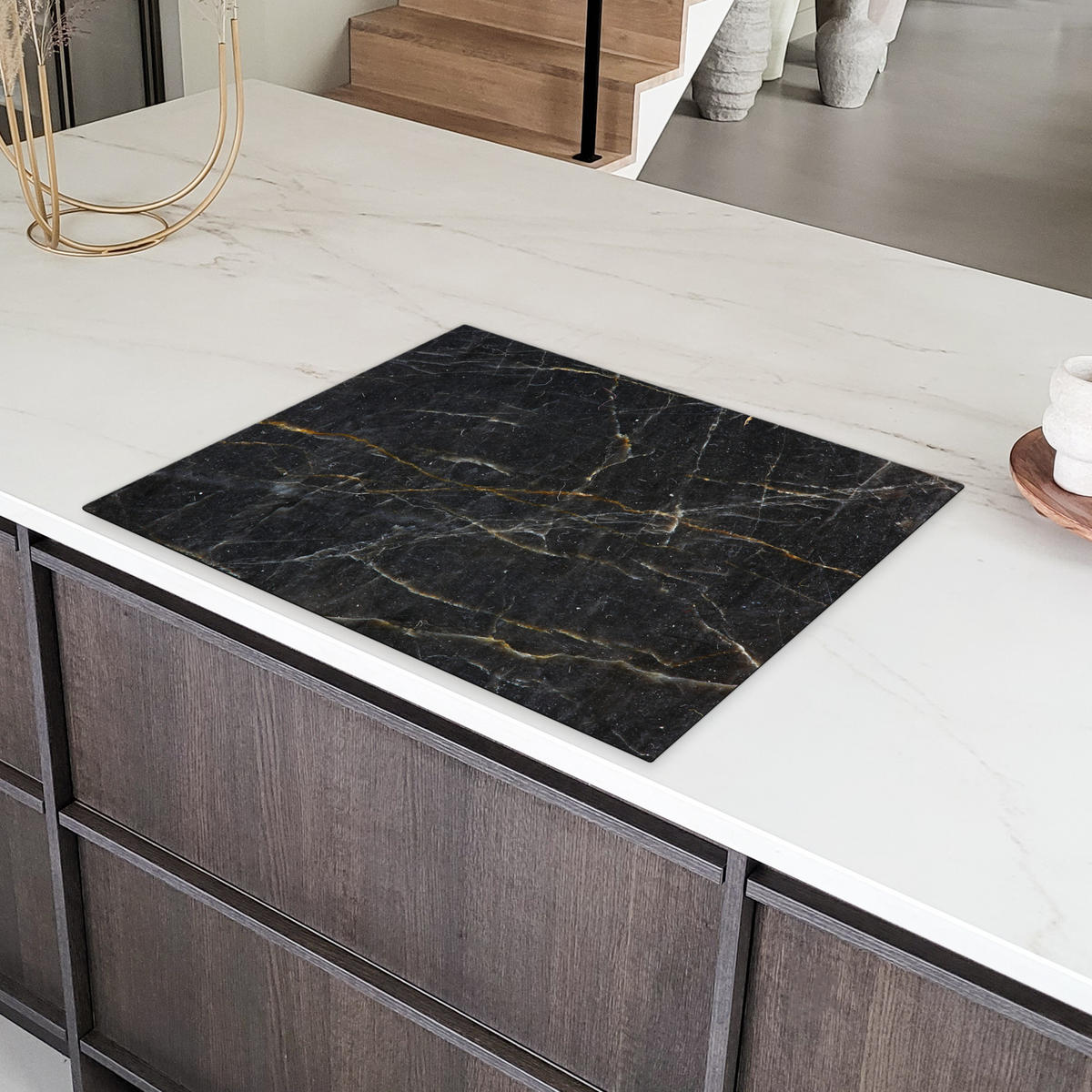 HERDABDECKPLATTE Marmor - Schwarz - Gold - Grau - Marmorstruktur 77x59 cm - Goldfarben, Kunststoff (77/59/0.2cm) - MuchoWow