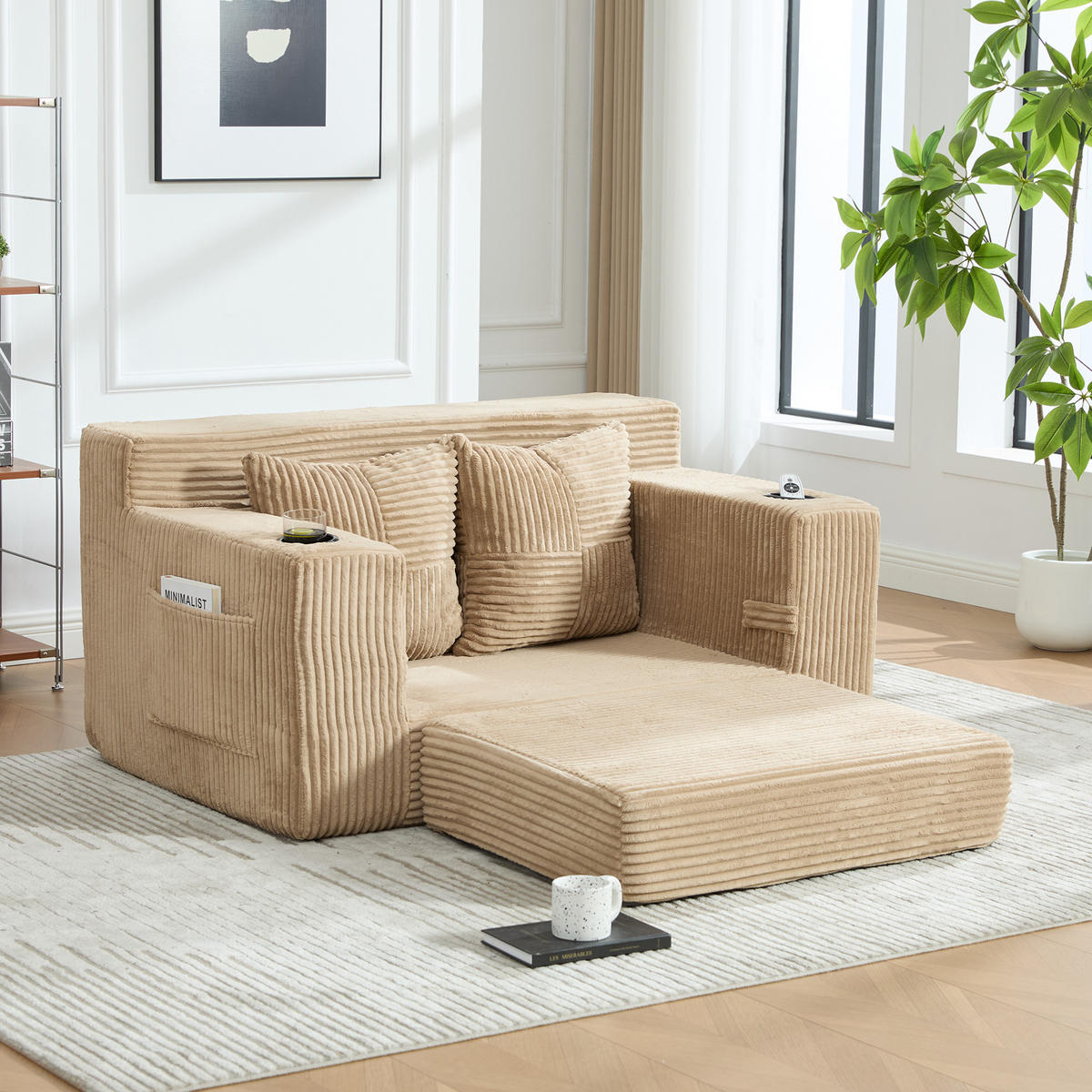 SCHLAFSOFA 2-in-1 mit Hocker, 2 Kissen und Becherhalter, DE-42913, Khaki - Sandfarben, Textil (133/64/87cm) - ComfortXL