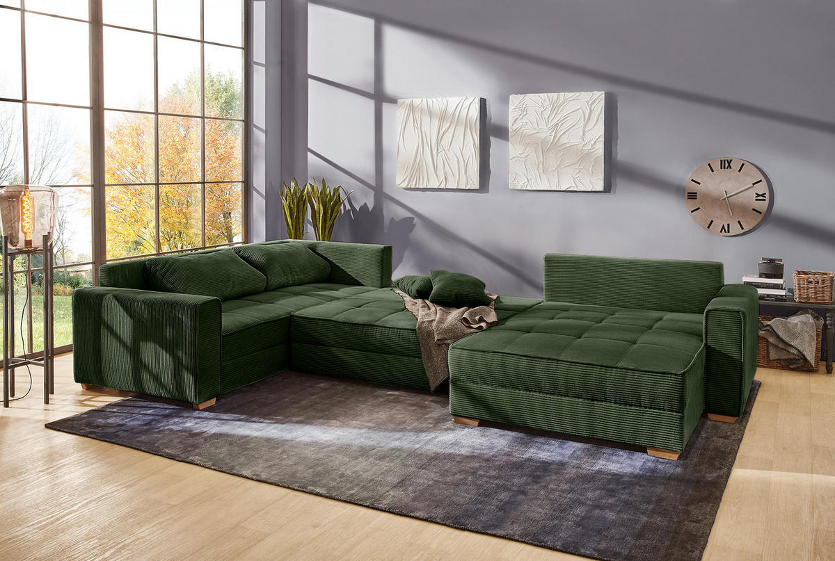 WOHNLANDSCHAFT Schlaffunktion Bettkasten Wellenunterfederung, spiegelverkehrt montierbar U-Form B379/T227/H86 cm, Cord Grün / 15199 - Eichefarben/Grün, Holz/Textil (379/86/227cm) - luma-home