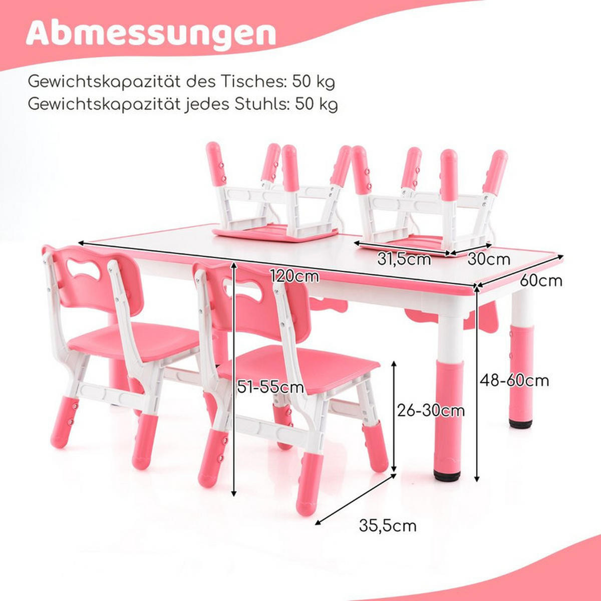 KINDERTISCH mit 4 Stühlen rosa(5-tlg) - Pink, Kunststoff (120/60/60cm) - COSTWAY