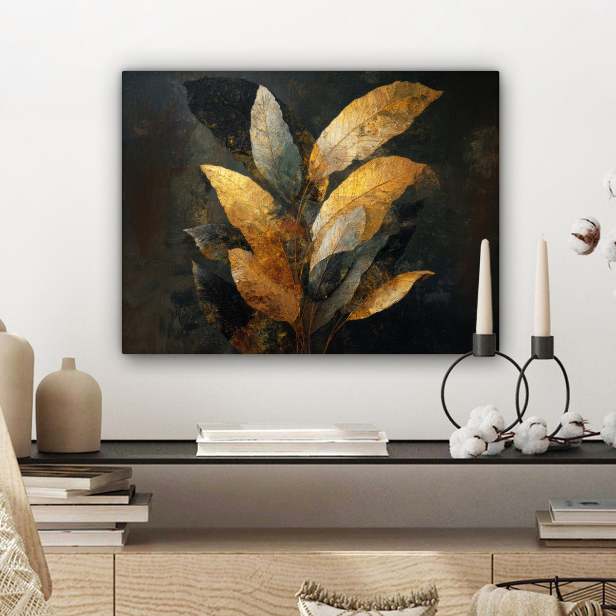 LEINWANDBILD Golden Leaf Komposition - Botanical Luxury Wandbild 40x30 cm - Goldfarben/Schwarz, Textil (40/30cm) - MuchoWow