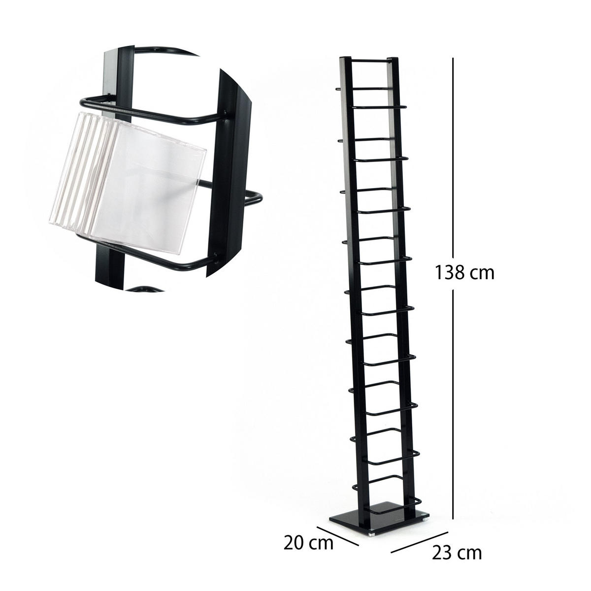 CD-STÄNDER Tower Metall mit Glasfuß, für 126 CDs schwarz - Schwarz, Kunststoff (20/138/12cm) - DESIGN DELIGHTS