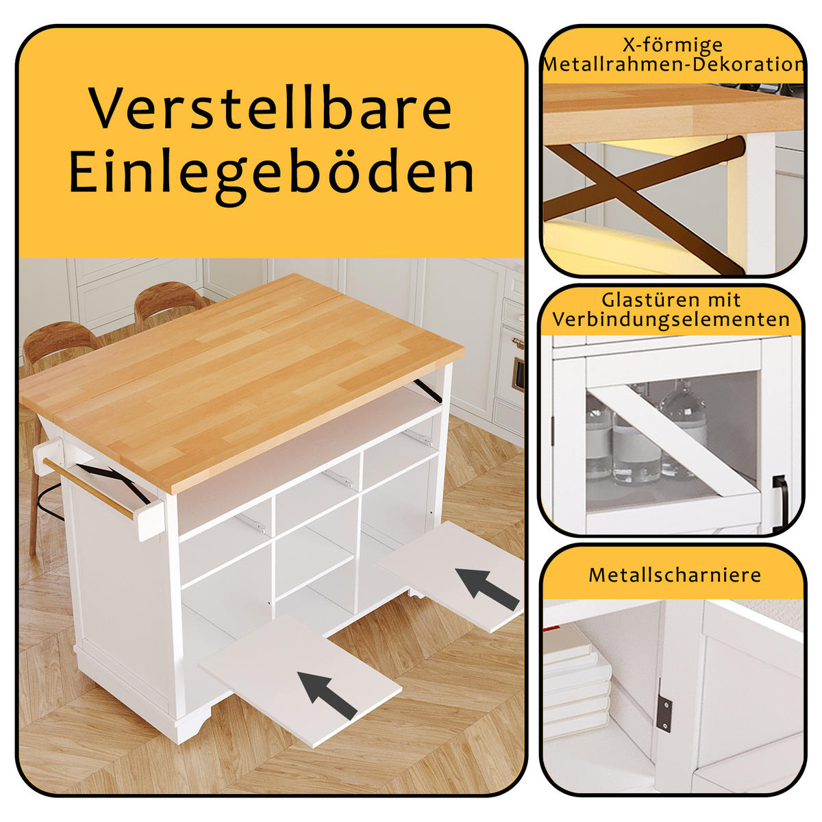 KÜCHENINSEL in Weiß Küchenwagen mit App LED, Klapptisch, 3 Schubladen und 2 Türen, als Sideboard und Servierwagen, B120/T71/H98cm - Weiß, Holzwerkstoff/Metall (120/98/43cm) - STILVORA