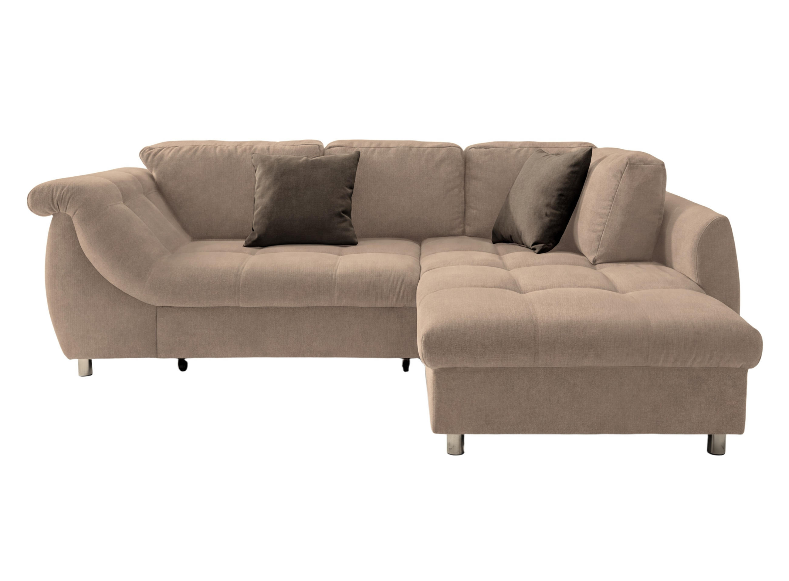 ECKSOFA mit Schlaffunktion, Bettkasten, Wellenunterfederung, Ottomane rechts B250/T190/H84 cm, Liegefl. 179x190 cm, Mikrofaser Hellbraun / 17009 - Hellbraun/Chromfarben, Textil/Metall (250/190cm) - luma-home