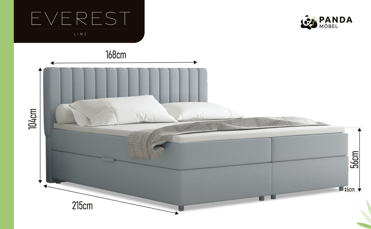 BOXBETT Everest grau 180 x 200 cm Doppelbett mit hochwertiger Bonell-Matratze und Topper - Hellgrau, Holz (180/200cm) - Panda Möbel