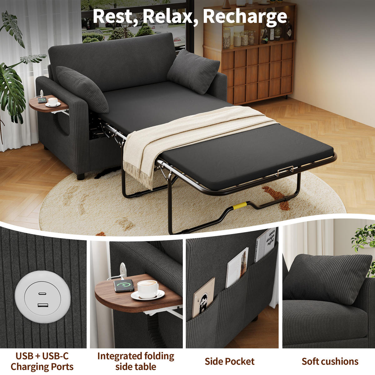 SCHLAFSOFA 2-Sitzer ausziehbar mit USB und Seitentisch, Grau - Grau, Textil (134/84/82cm)
