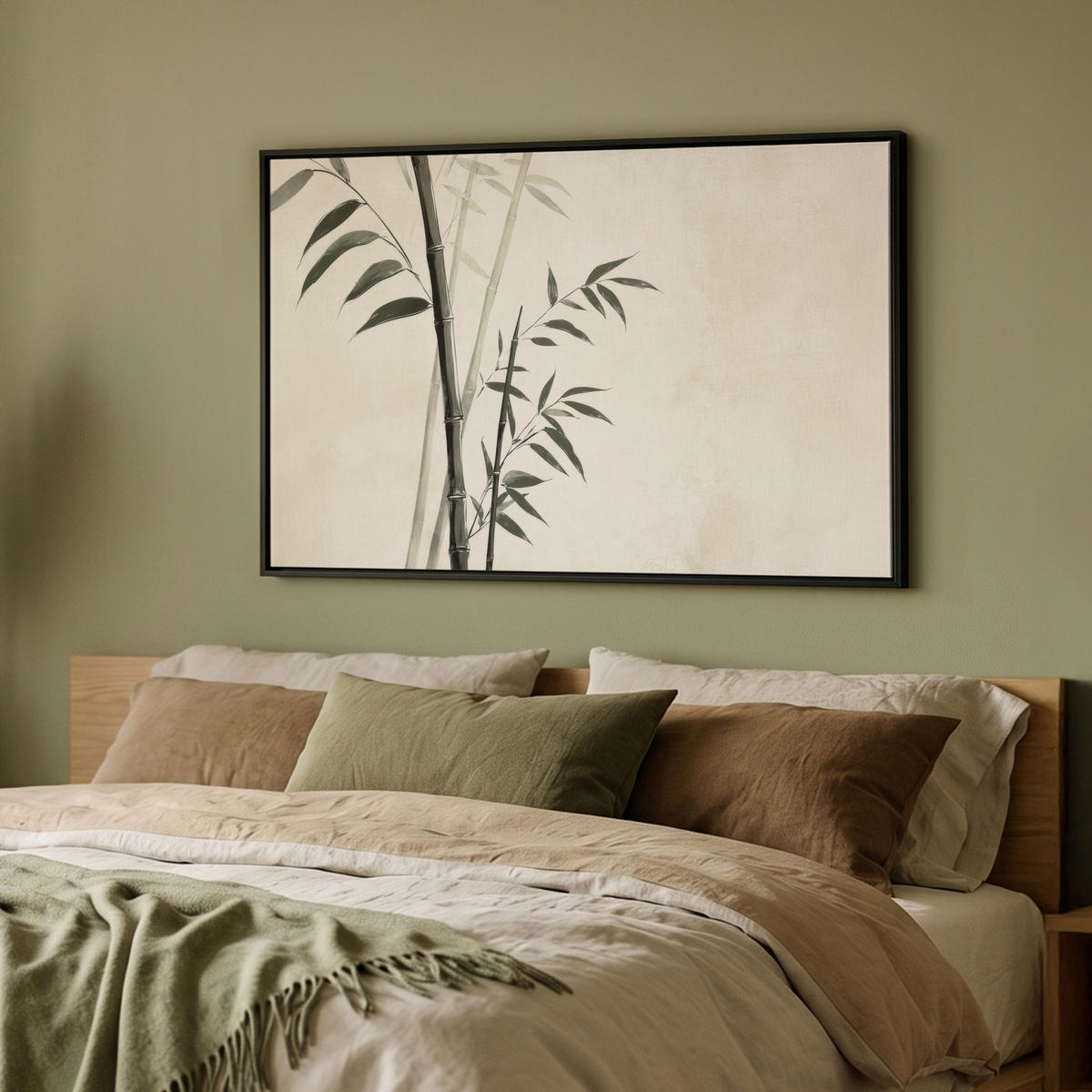 LEINWAND Bilder mit Rahmen - Japandi - Bambus - Beige - 90x60 - Eukalyptusholzfarben, Textil (90/60cm) - MuchoWow