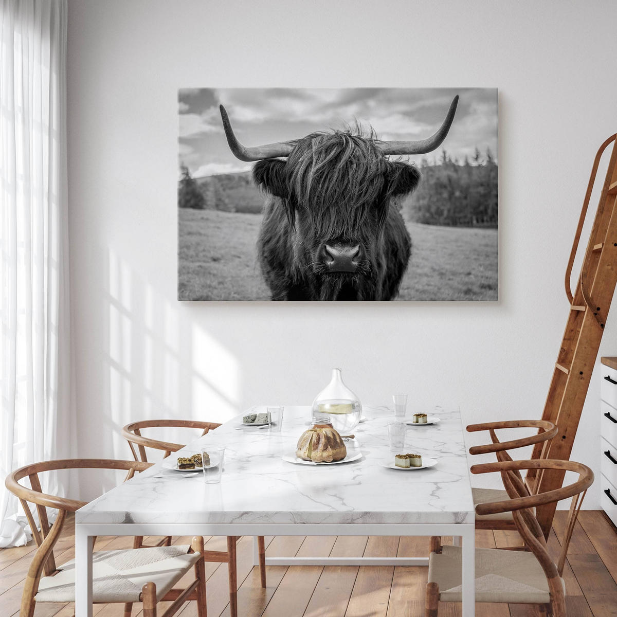 LEINWANDBILD Schwarzweiß Schottische Kuh Tier Landschaft 3D 120/80 cm - Schwarz/Weiß, Textil (120/80cm) - Muralo