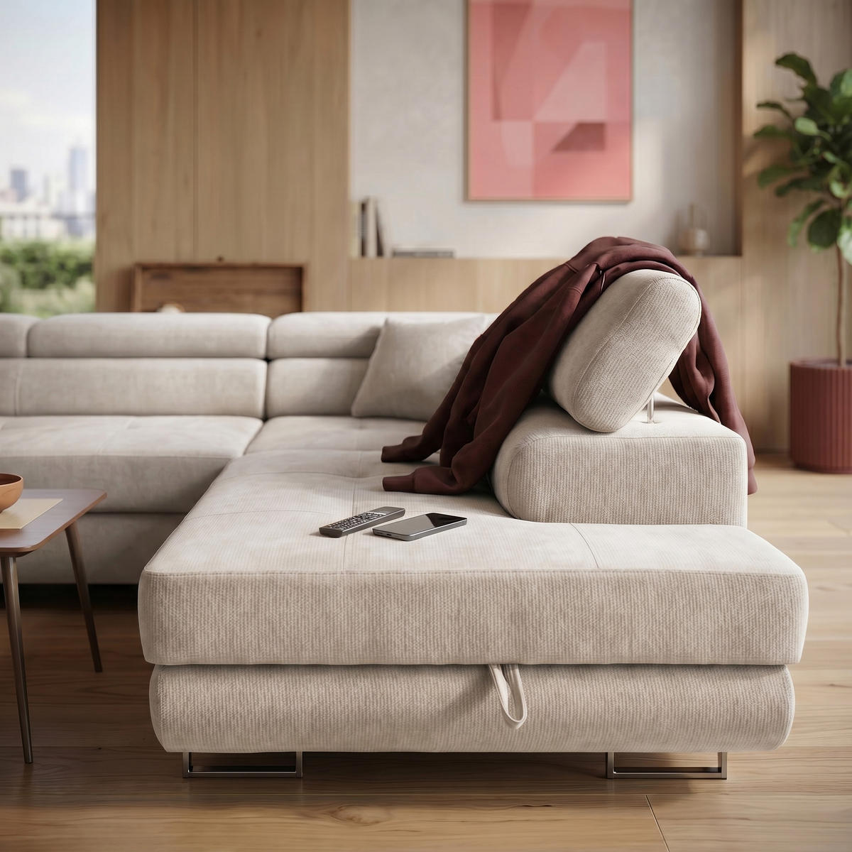 ECKSOFA U-Form WILD U Rechts mit Schlaffunktion 130x260 Chenille Beige - Beige/Silberfarben, Holz/Textil (203/90/350cm) - Muffo