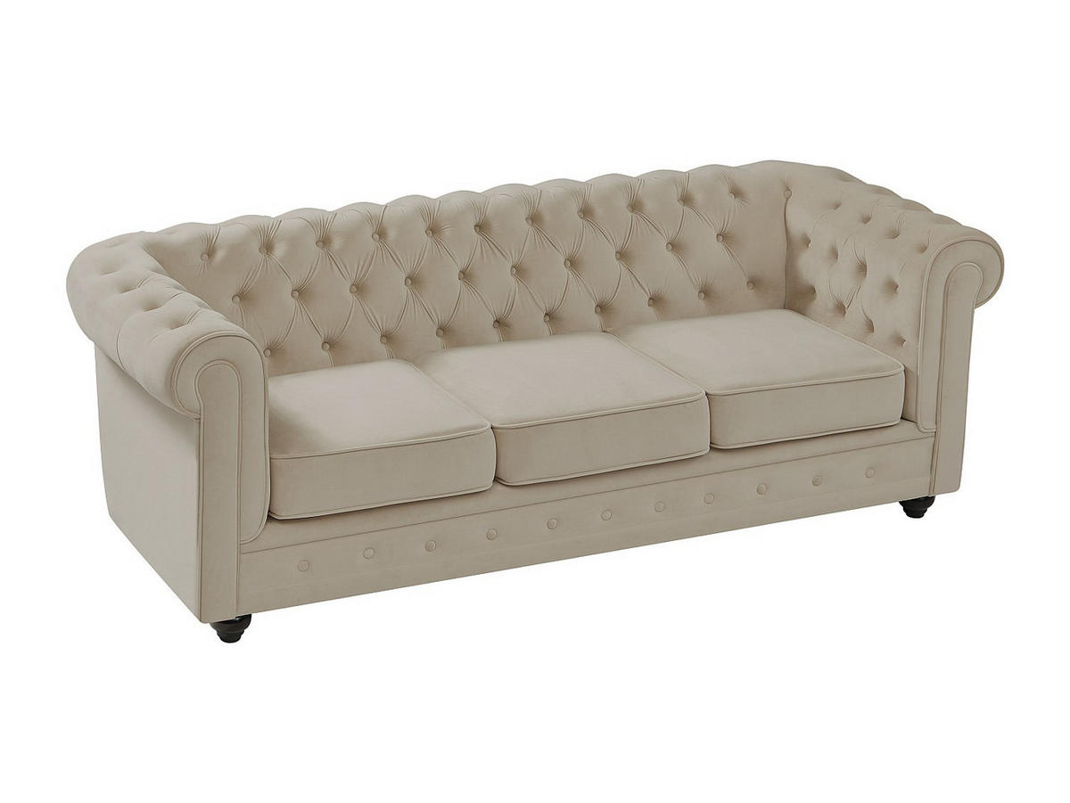SOFA 3-Sitzer - Samt - Beige - CHESTERFIELD - Beige, Textil (205/72/88cm) - Vente-Unique