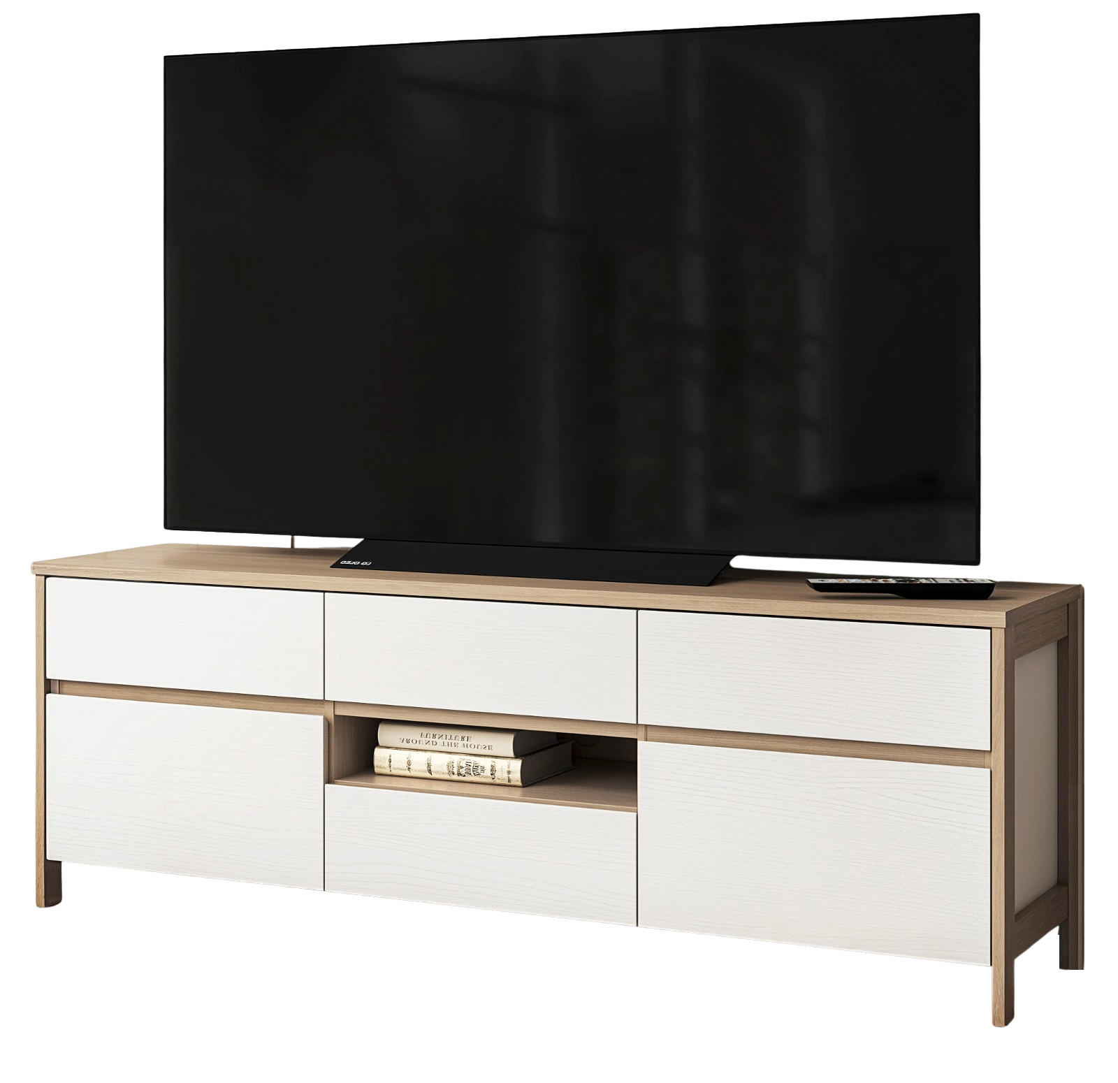 TV-LOWBOARD weiß, Eiche, TV Unterteil skandinavisch 164 cm, Soft-Close, Finnes - Eichefarben/Weiß, Holzwerkstoff/Metall (164/58/39cm) - Furn.Design