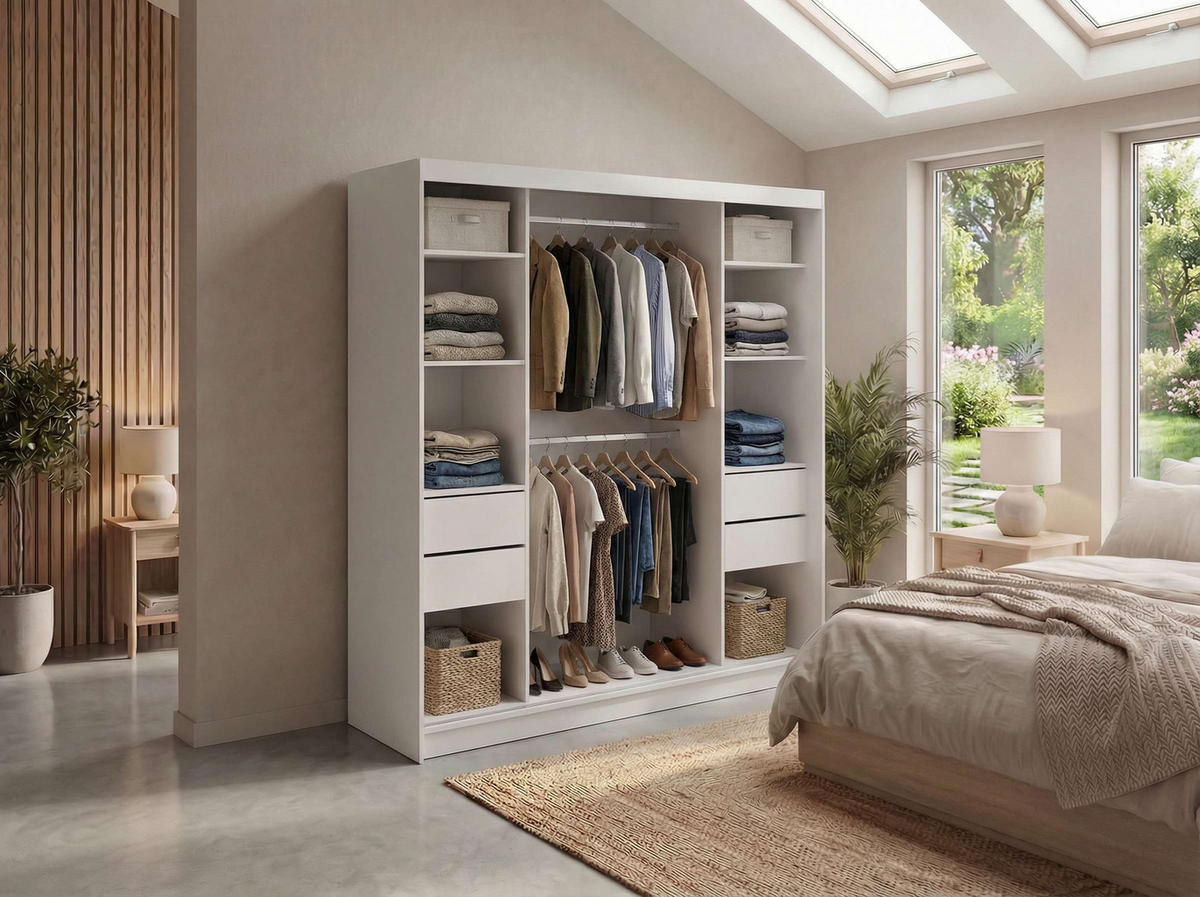 SCHWEBETÜRENSCHRANK mit Spiegel und Schubladen - WALENCJA - 200 - Kaschmir-Grau lacobel - Kaschmir/Alufarben, Holzwerkstoff/Metall (200/216/61cm) - MKS