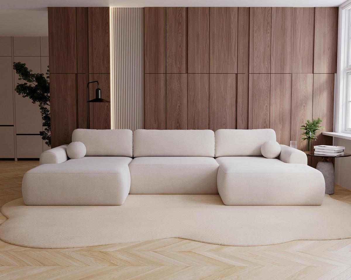WOHNLANDSCHAFT Aurora Creme, mit Schlaffunktion in Lambi Stoff - Creme, Holzwerkstoff/Textil (344/92/177cm) - Bettso