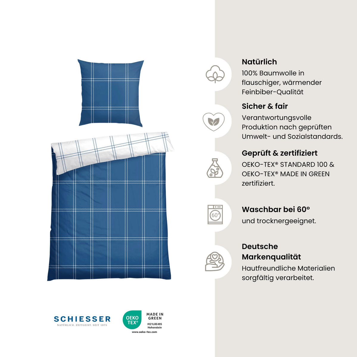 BETTWÄSCHESET Ellis - Feinbiber - 2-teilig - 155 x 220 cm - Blau - Blau, Textil (155/220cm) - SCHIESSER