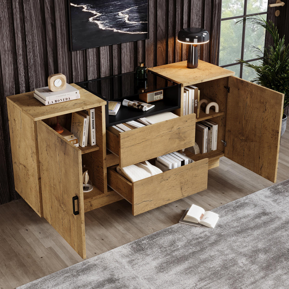 KOMMODEN-SIDEBOARD 140/40/70 cm mit 2 Türen, 2 Schubladen & Glas-Elementen - Eichefarben, Glas (140/70/40cm) - BEAOK
