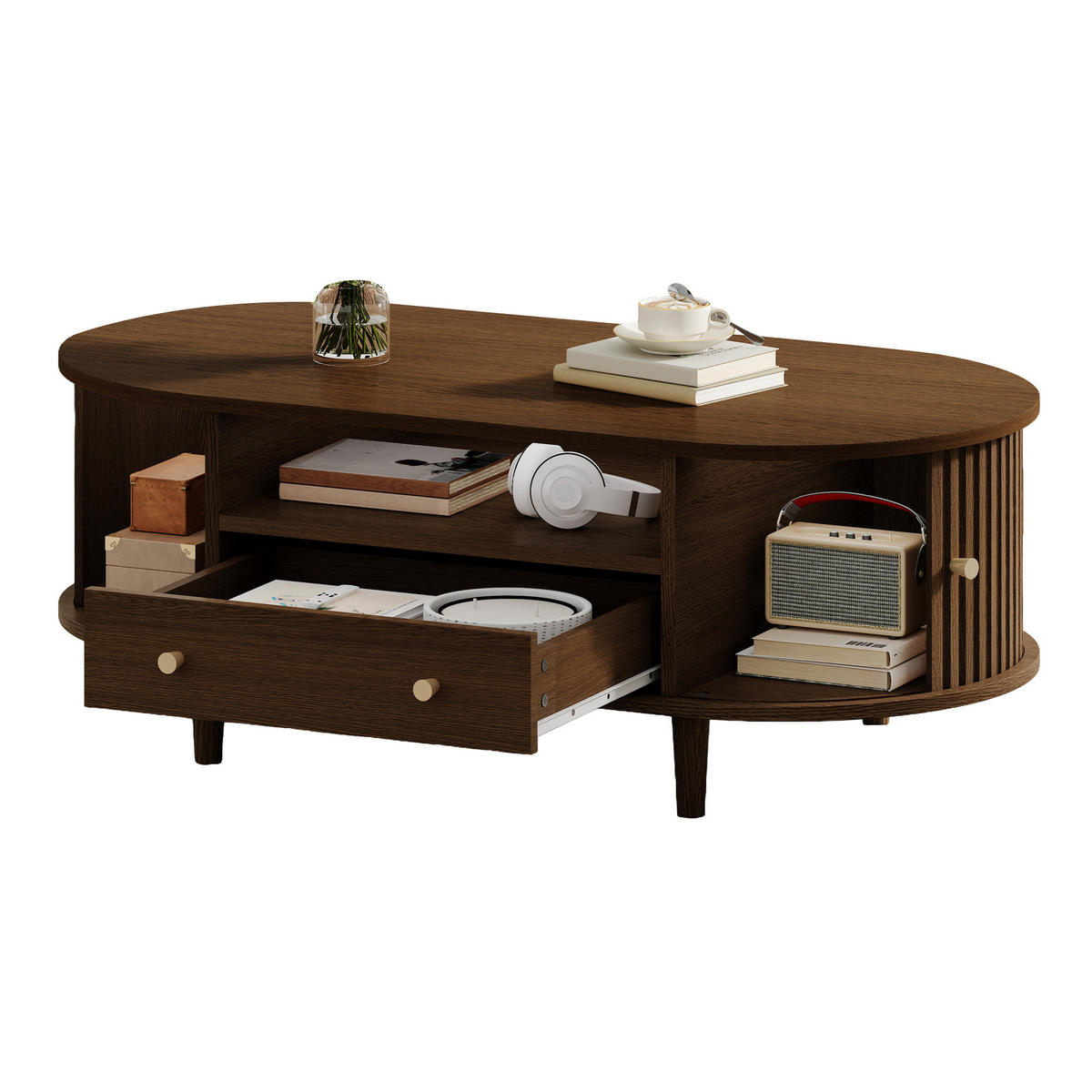 COUCHTISCH 100/50/36 cm mit Schublade, offener Ablage und Rolltür aus MDF, Walnuss - Nussbaumfarben, Holzwerkstoff (100/50/36cm) - Redom