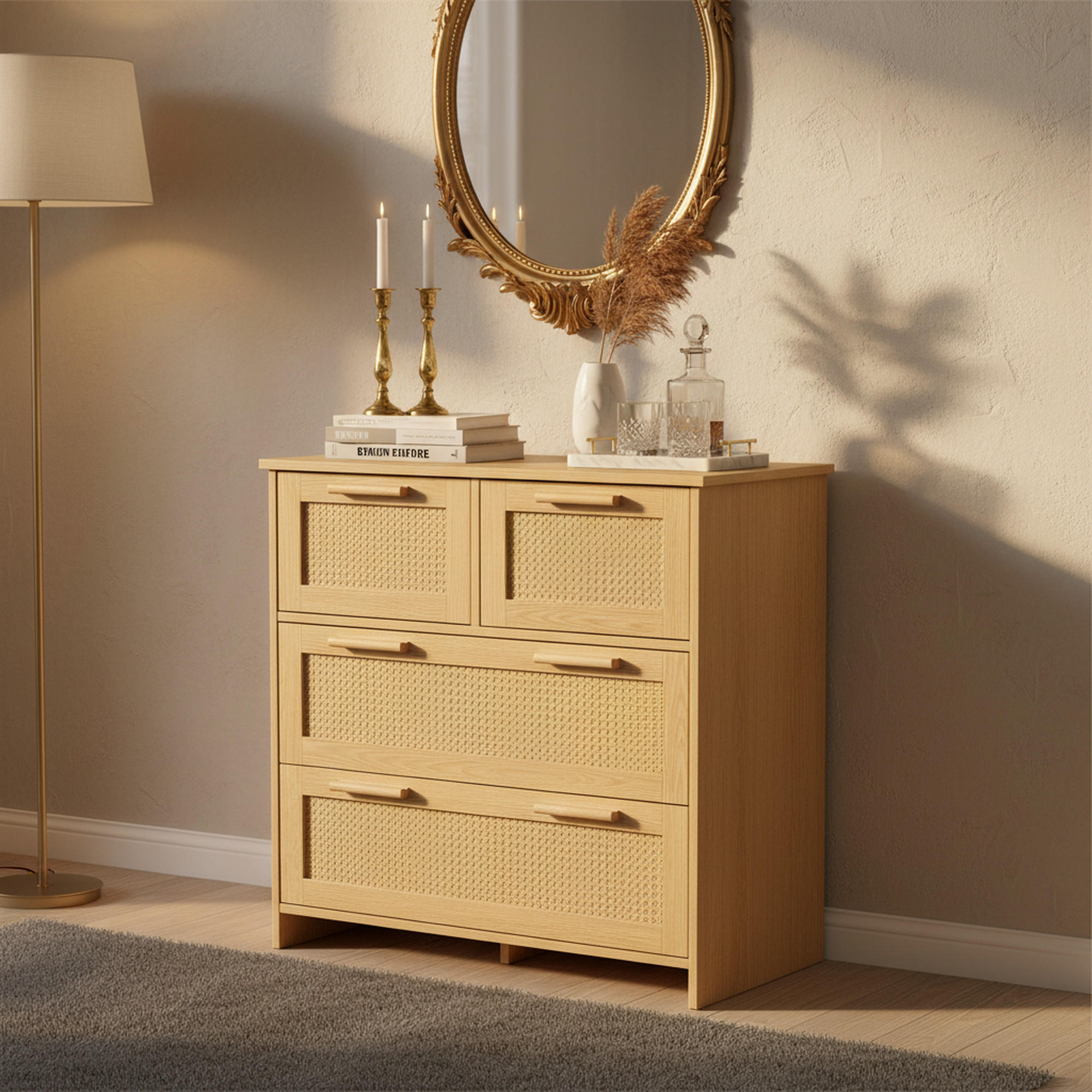 SIDEBOARD Rattan kommode mit 4 Schubladen & Massivholz Griffen - Eichefarben, Naturmaterialien/Holzwerkstoff (80/80/38cm) - Urban Meuble