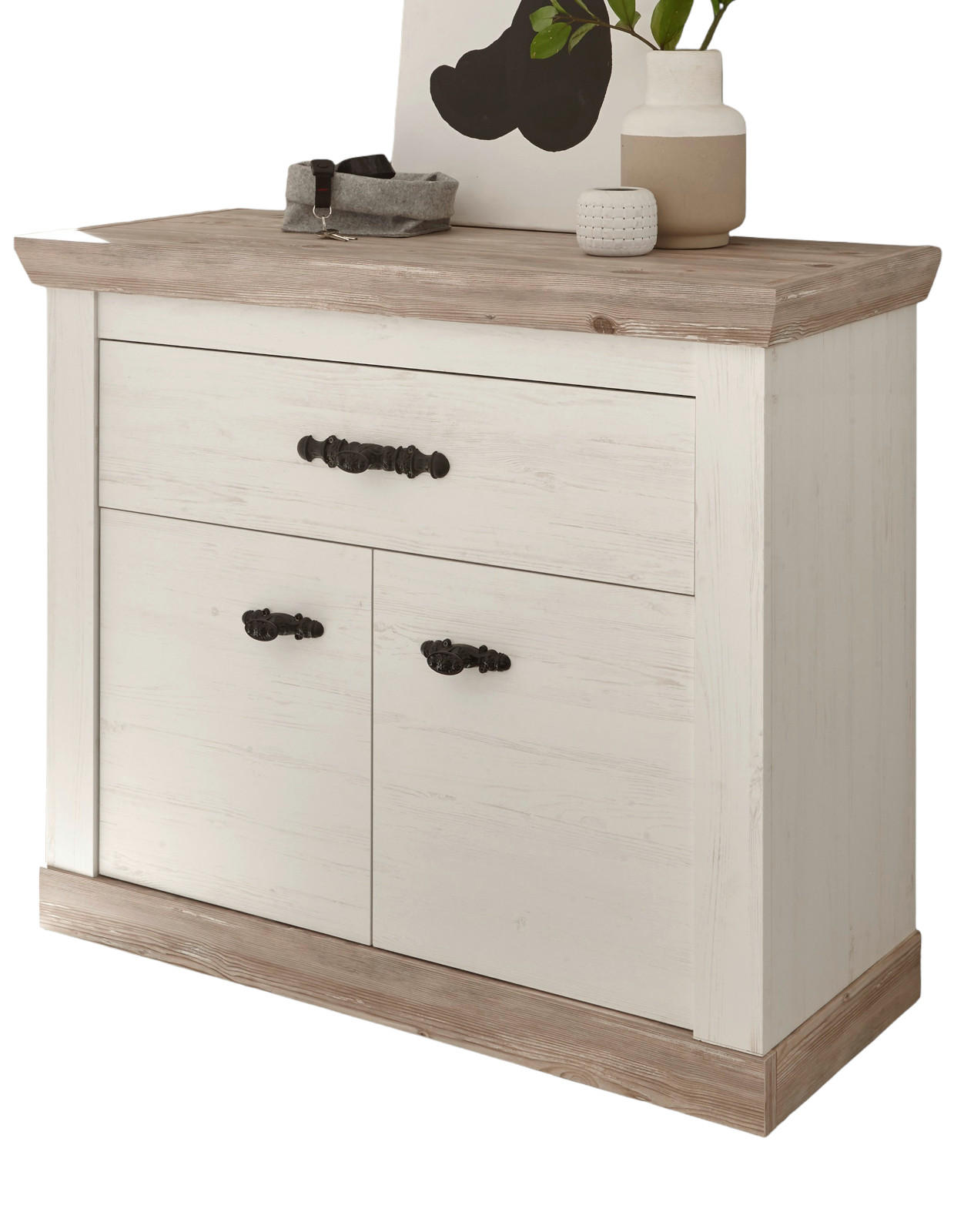 KOMMODE Pinie weiß, Oslo Pinie Landhaus, 107 x 89 cm - Anthrazit/Weiß, Holzwerkstoff/Metall (107/87/45cm) - Furn.Design