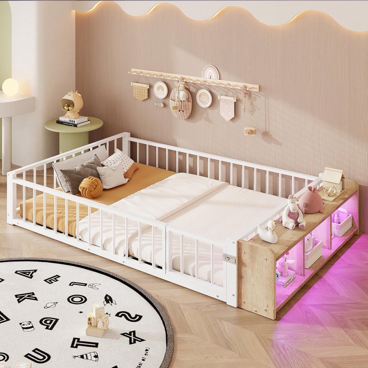 DETSKÁ posteľ 140/200 cm biela s ochranným zábradlím, úložným priestorom a LED osvetlením z kovu a MDF - biela, kompozitné drevo (140/200cm) - OKWISH
